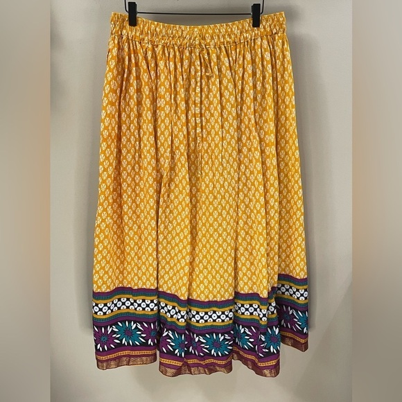Lapogee Indian Ethnic Floral Checks Cotton Yellow Maxi Lace Hippie Boho Skirt 3X - Picture 1 of 8